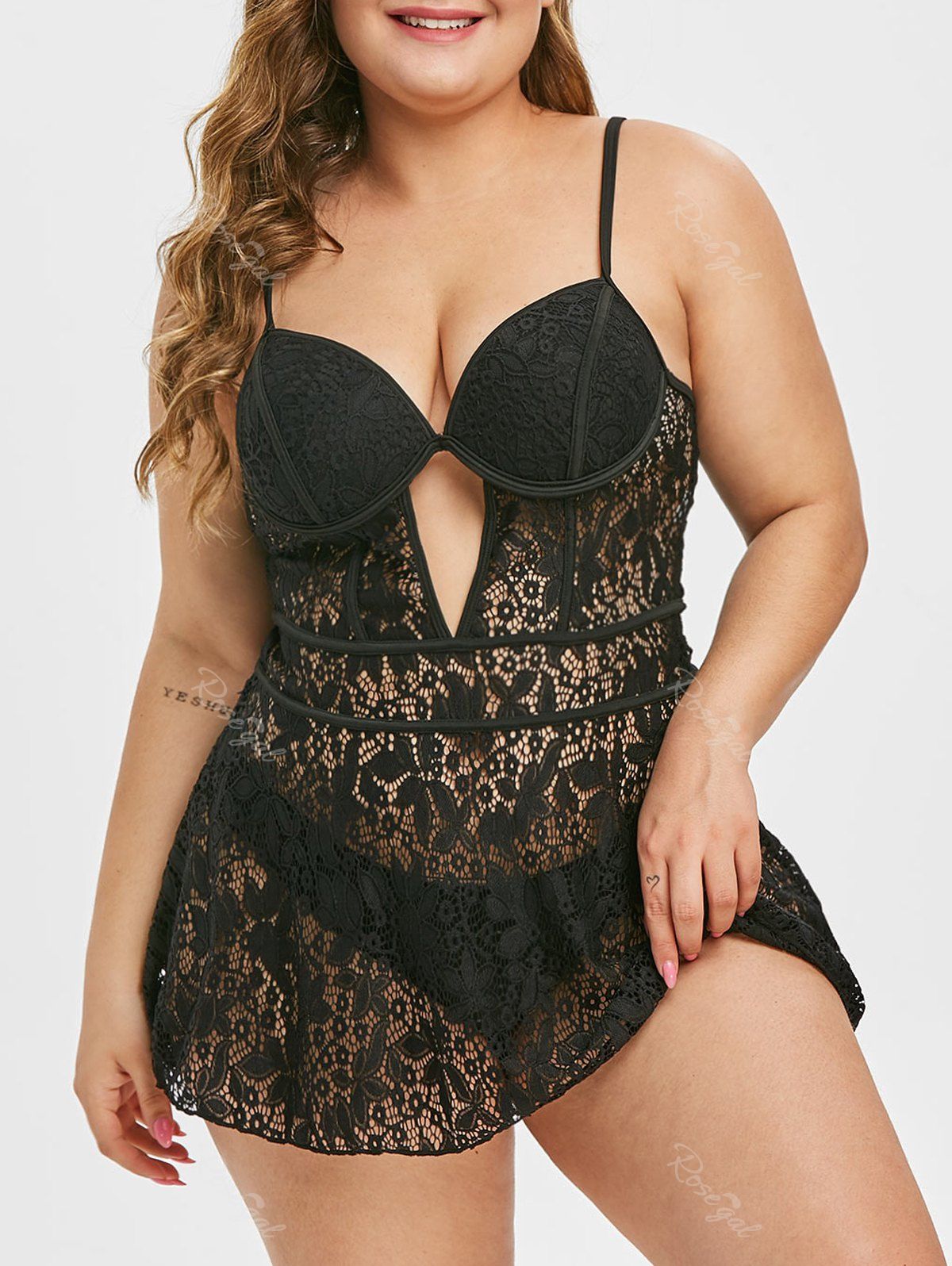 

Plus Size Cut Out Lace Tankini Set, Black