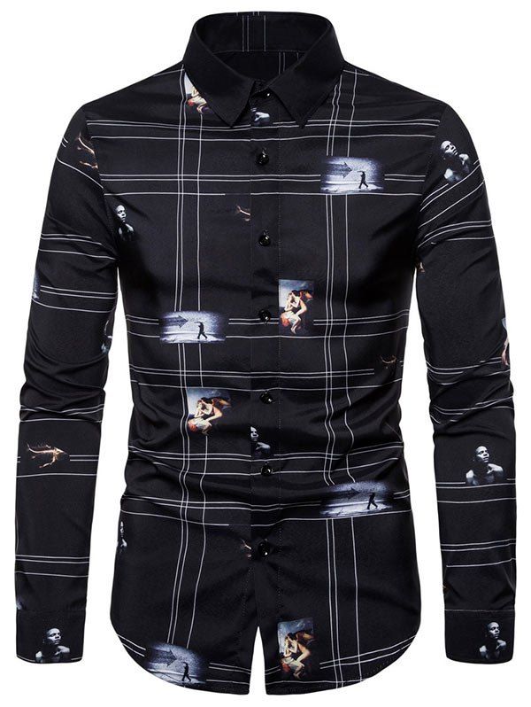 

Graphic Pattern Button Long-sleeved Shirt, Black