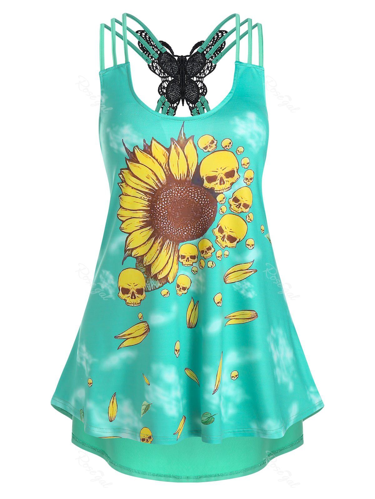Affordable Sunflower Skull Print Butterfly Lace Panel Strappy Tank Top  