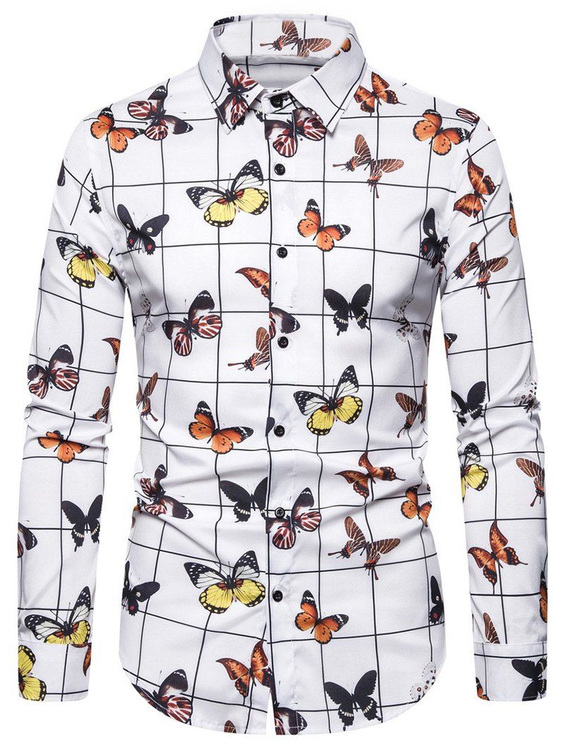 

Butterfly Printed Button Long-sleeved Shirt, White