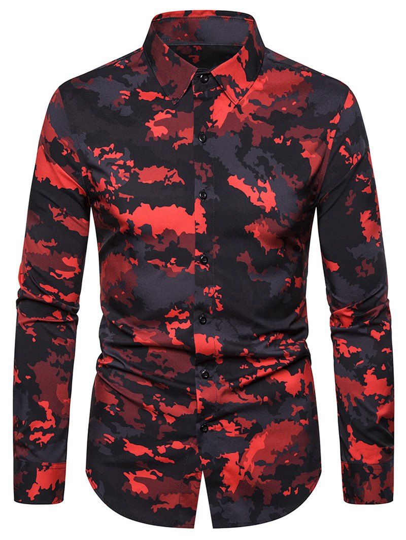 

Camo Printed Button Long-sleeved Shirt, Red