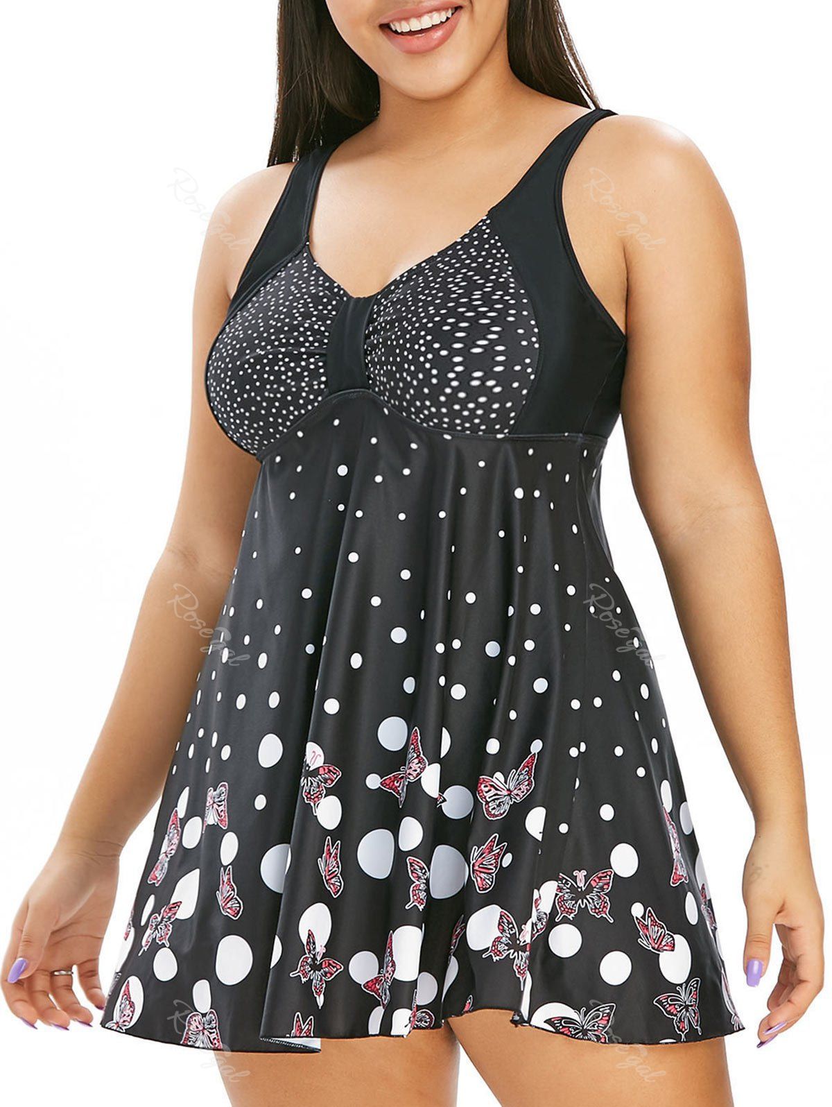 

Plus Size Butterfly Print Polka Dot Tankini Swimsuit, Black