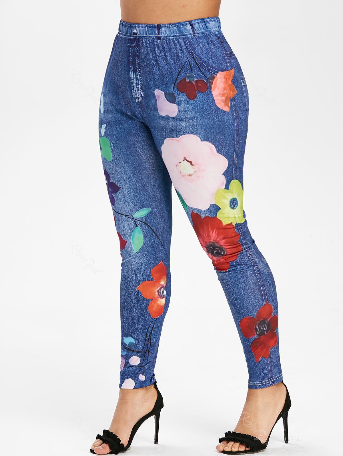 Plus Size Jeans Floral Pattern Fitted 