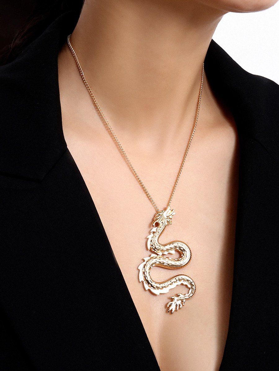 

Simple Chinese Dragon Pendant Necklace, Gold