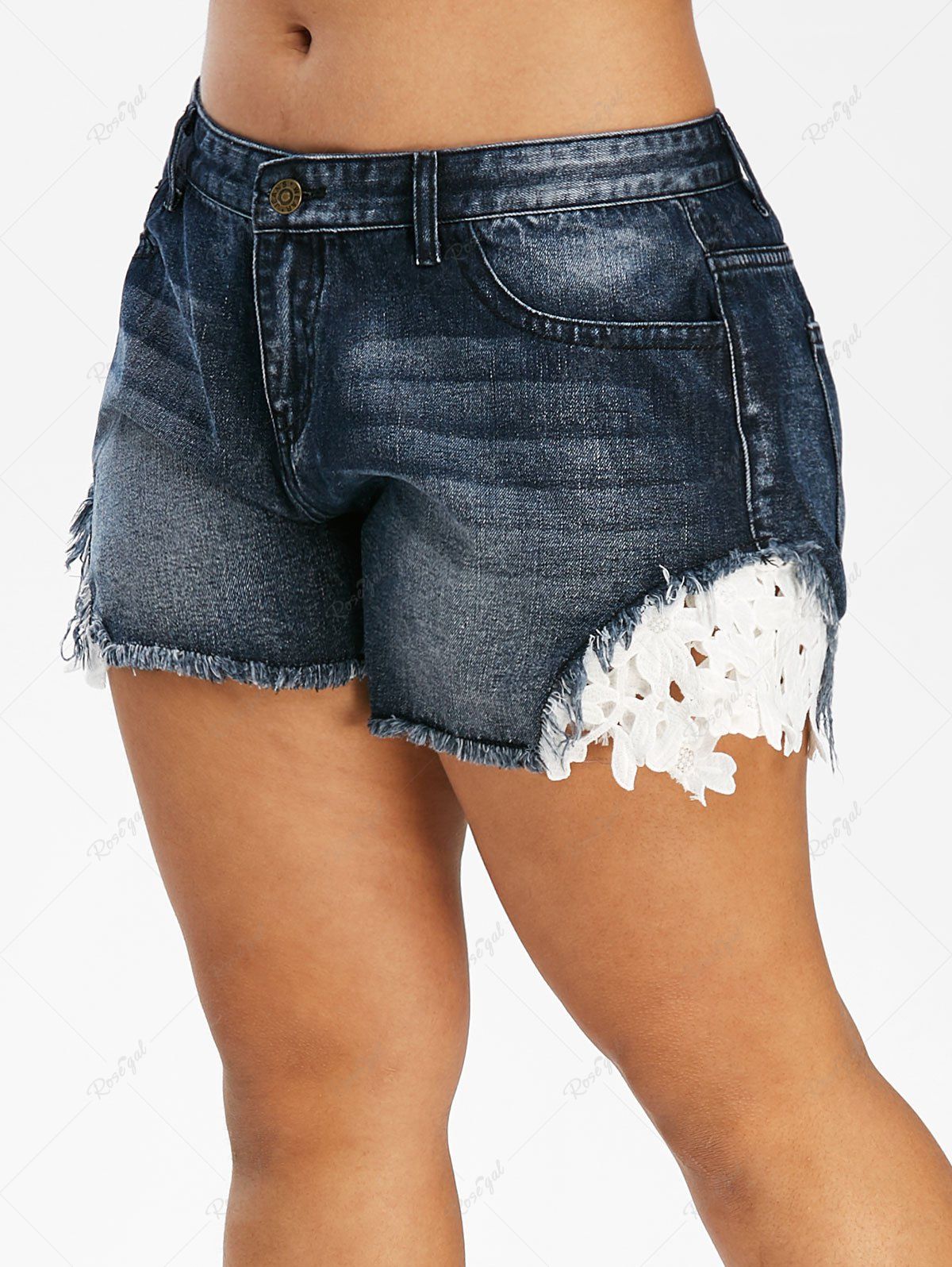 Cheap Plus Size Contrast Lace Frayed Denim Shorts  