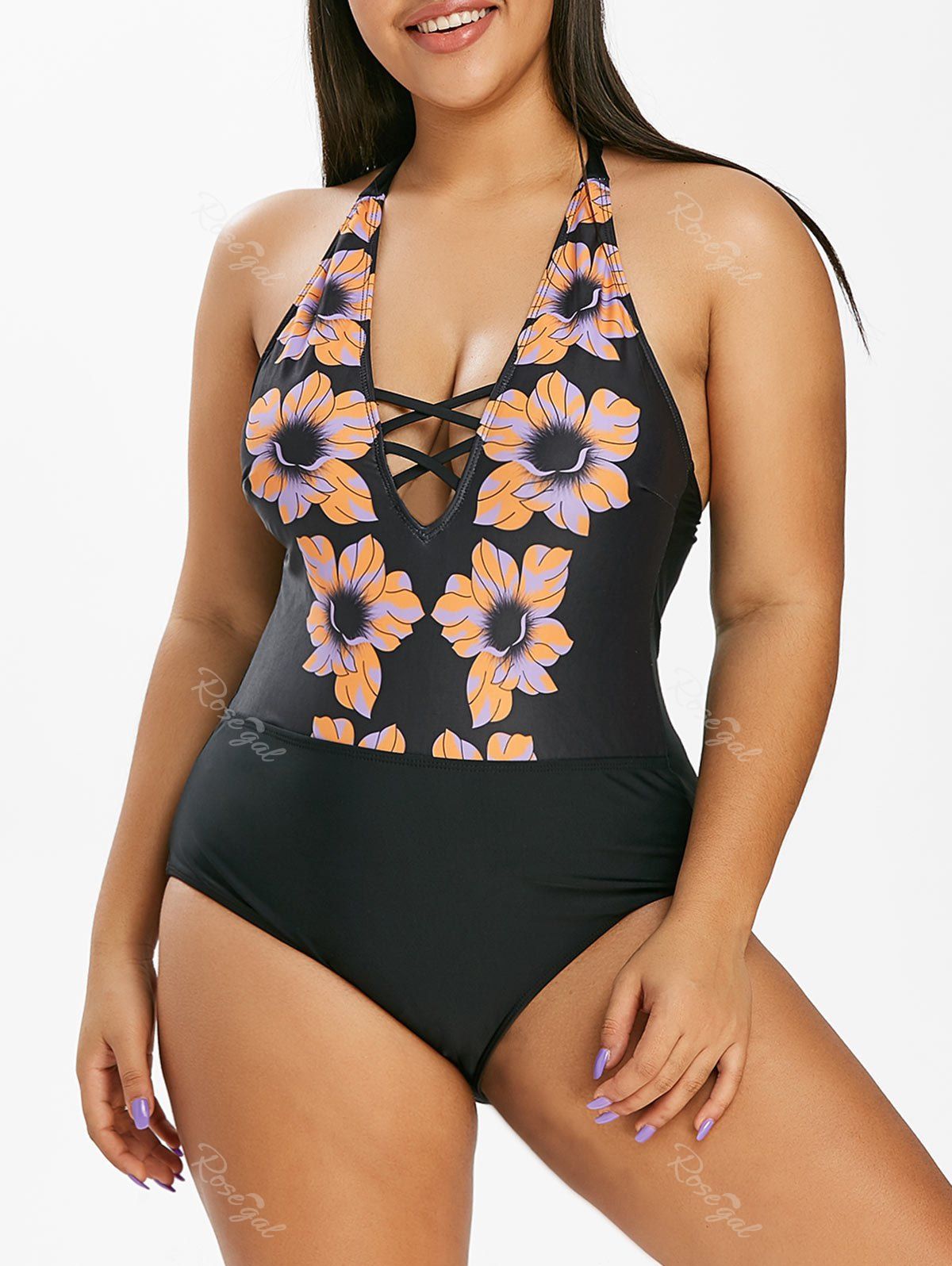 Online Plus Size Halter Backless Floral Print One-piece Swimwear  