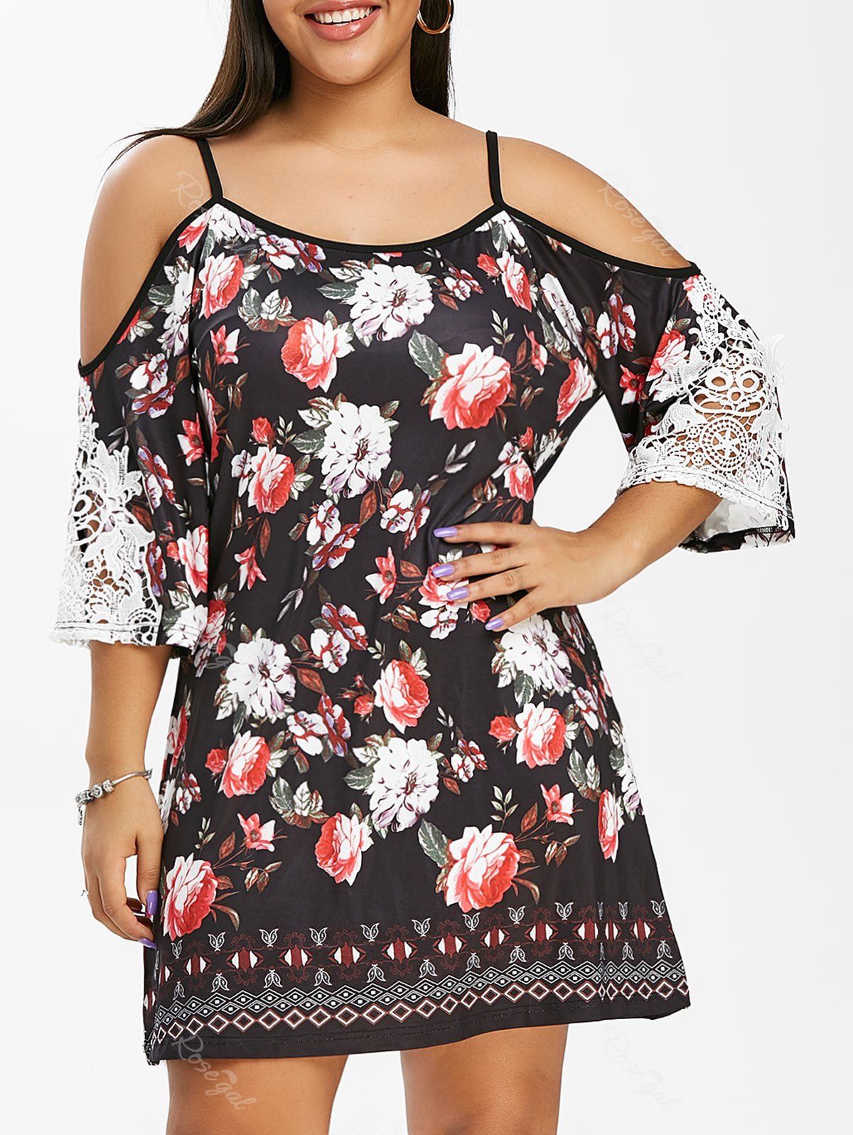 

Plus Size Lace Applique Open Shoulder Floral Print Dress, Black