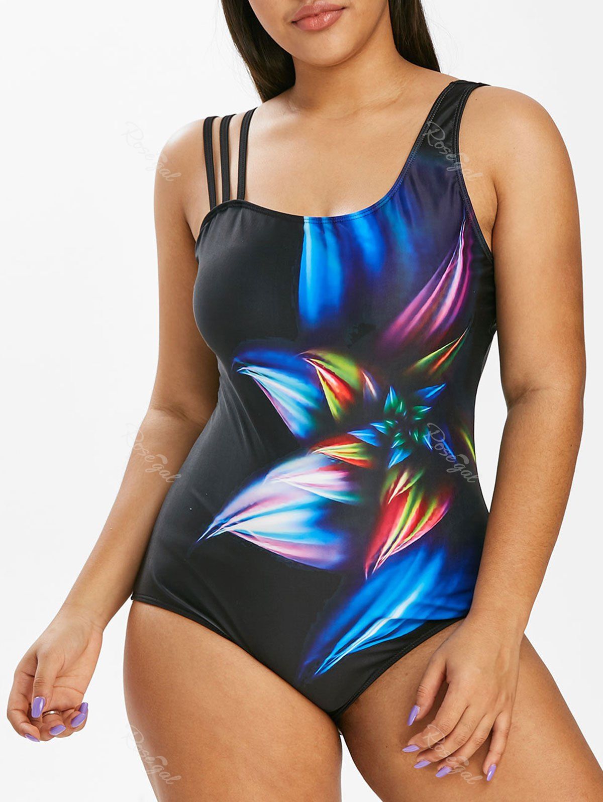 

Plus Size 3D Floral Print Skew Neck One-piece Swimsuit, Black