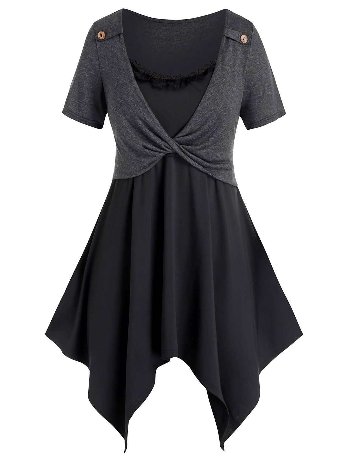 

Plus Size Knot Lace Hanky Hem Cami T-Shirt Suit, Black