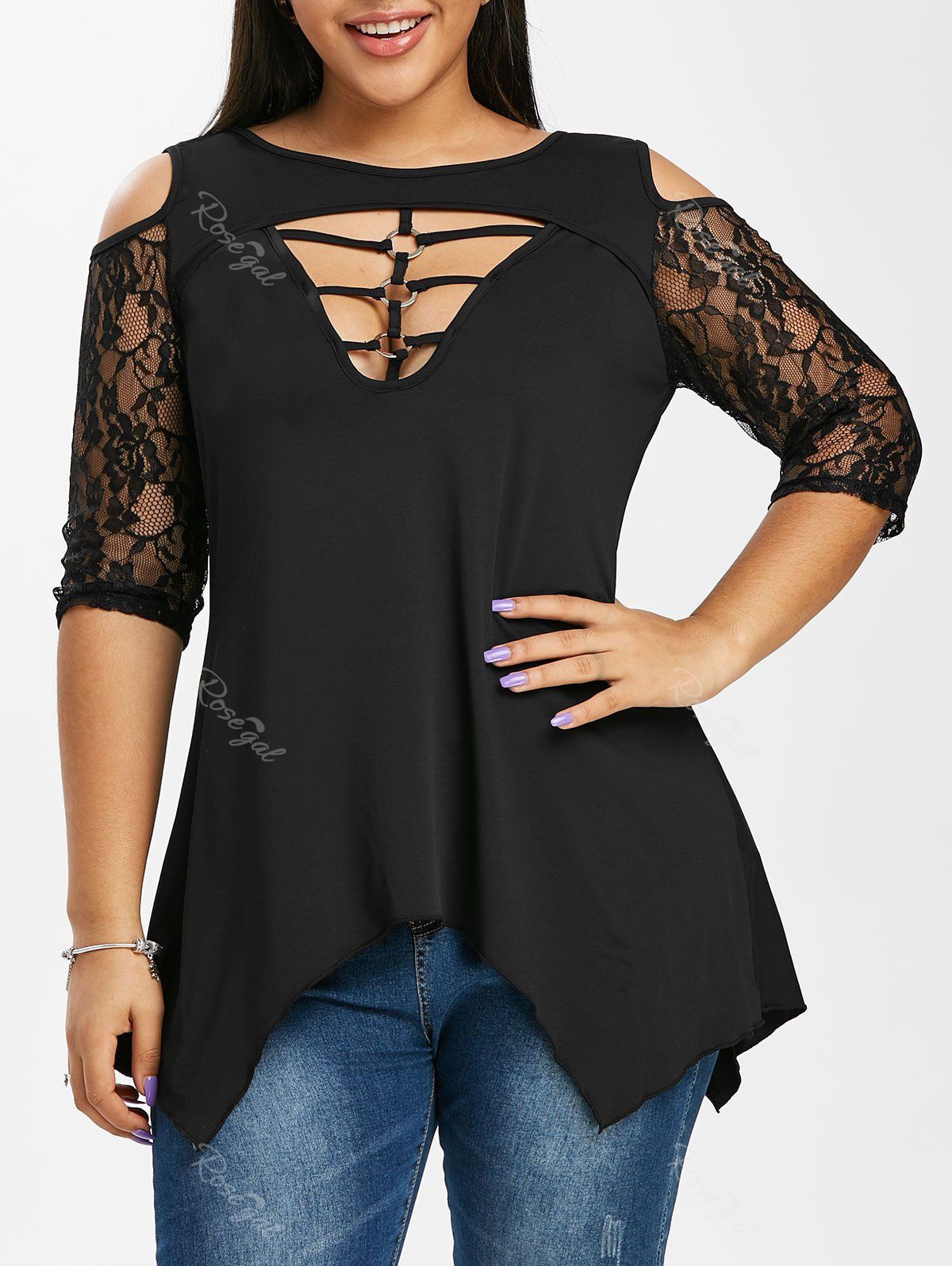 

Plus Size Lattice Cut Cold Shoulder Asymmetric T Shirt, Black