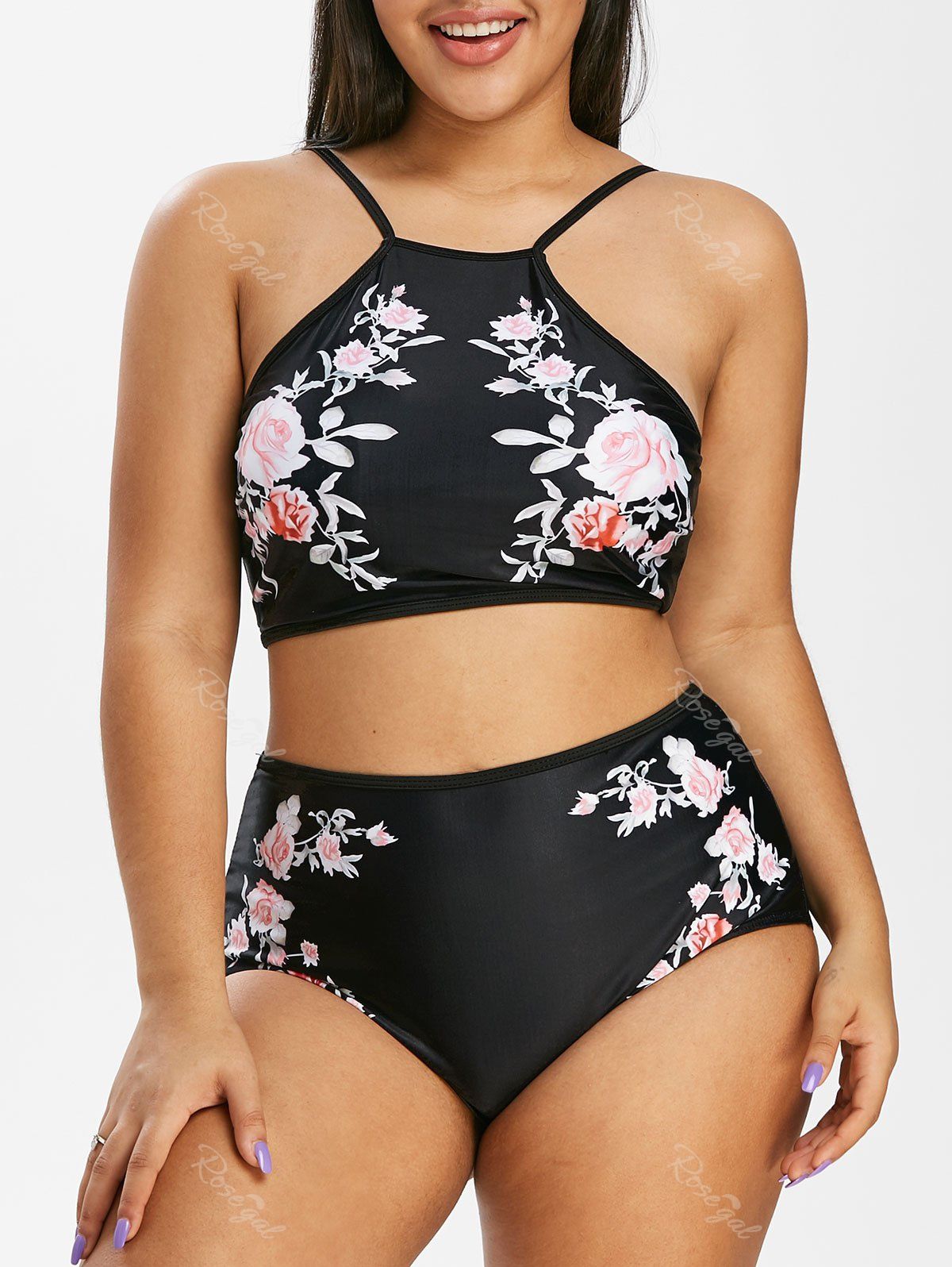 

Plus Size Cami Floral Pattern Tankini Swimsuit, Black