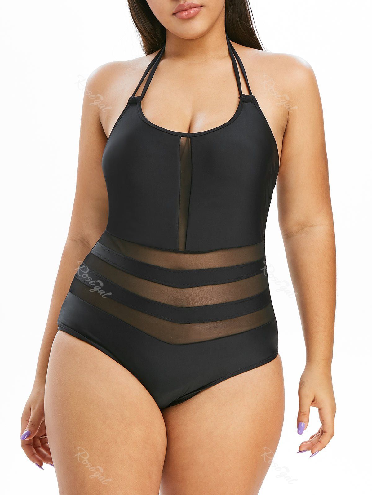 

Plus Size Mesh Insert Halter One-piece Swimsuit, Black