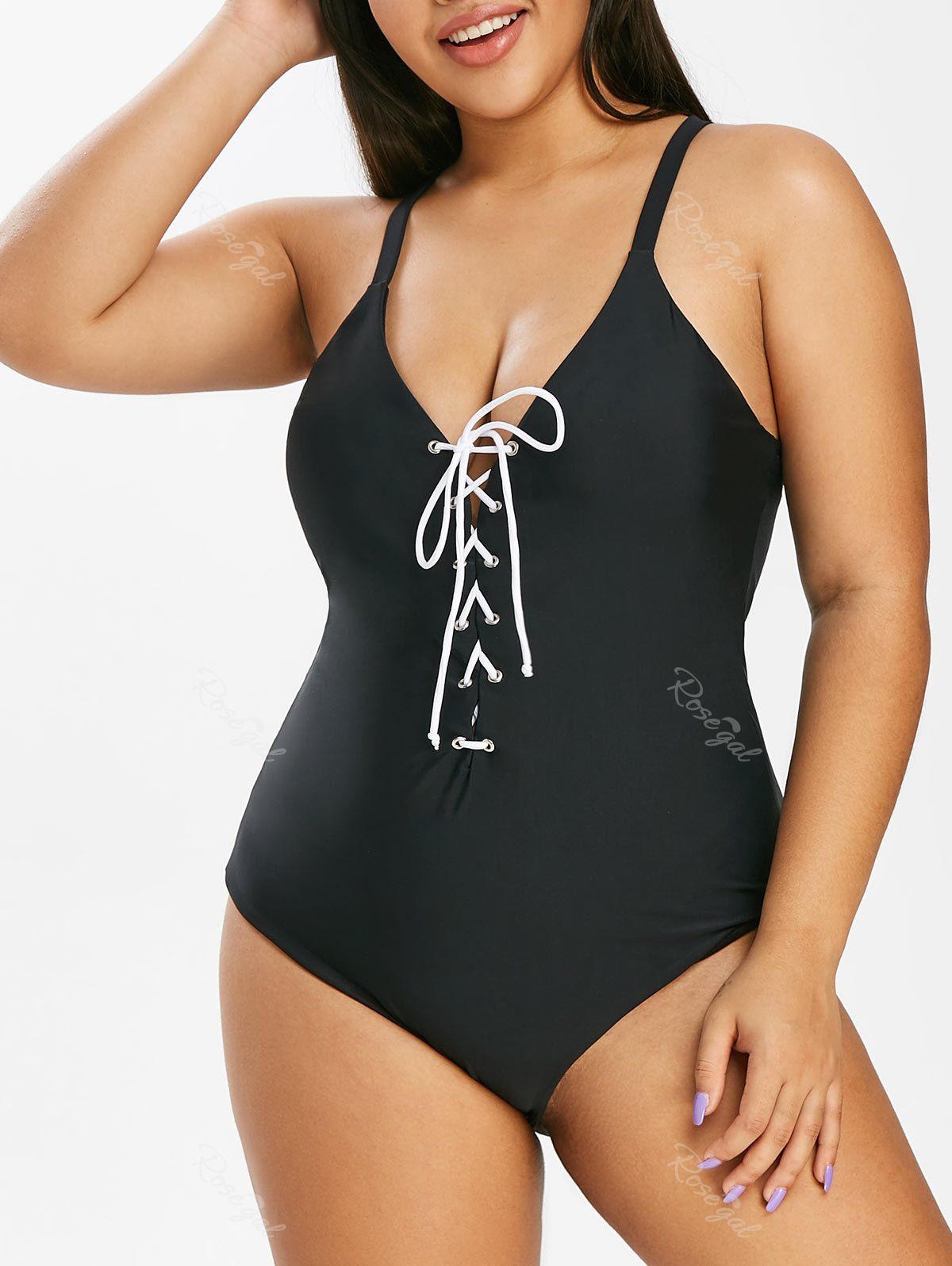 

Plus Size Crisscross Lace Up One-piece Swimwear, Black