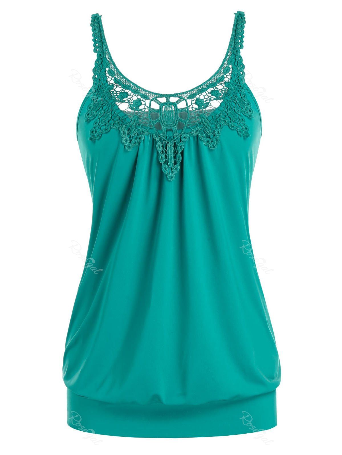 

Plus Size U Neck Lace Splicing Ruched Tank Top, Dark turquoise