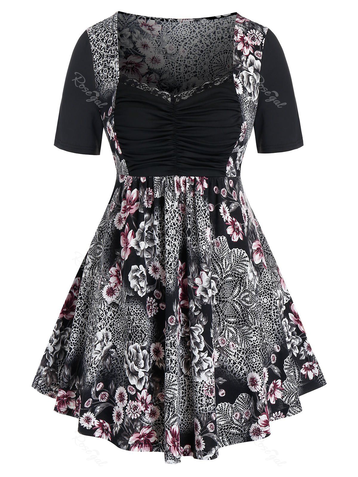 

Plus Size Lace Splicing Ruched Flower Pattern T-Shirt, Black