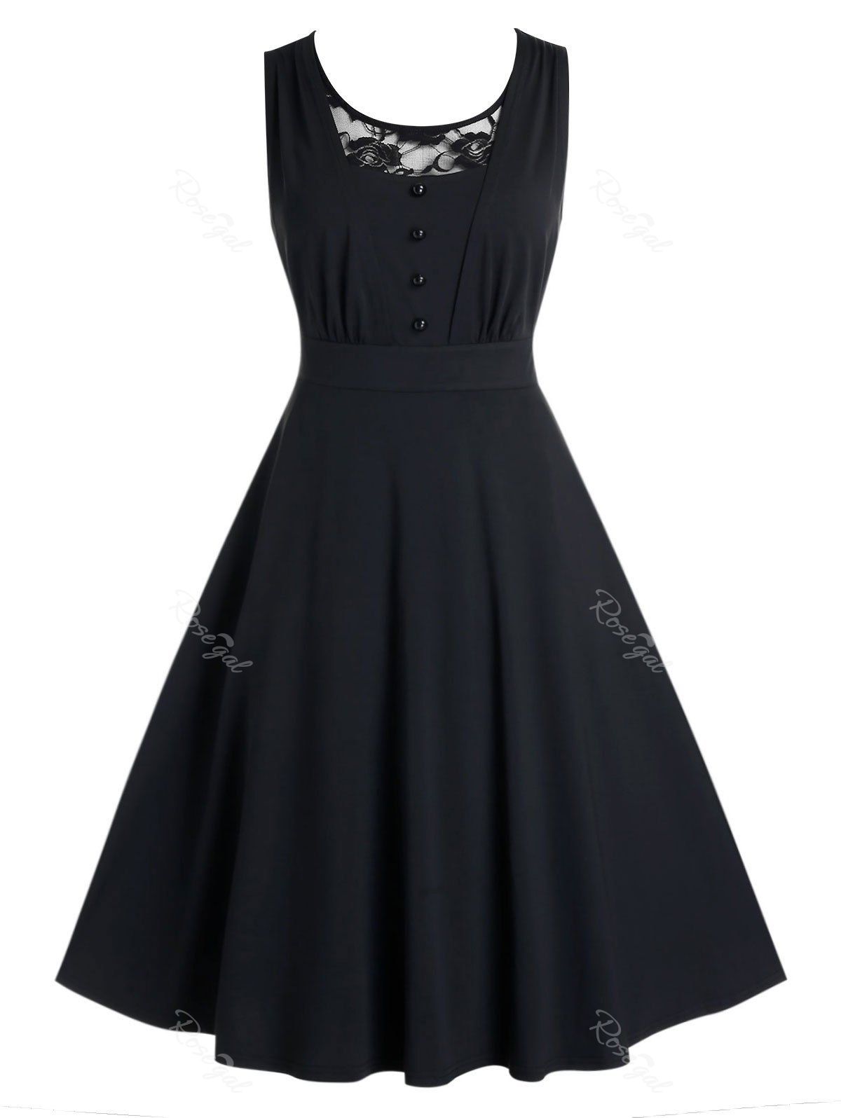 

Plus Size Lace Panel Round Neck Sleeveless Dress, Black