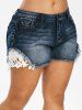 Plus Size Contrast Lace Frayed Denim Shorts -  