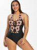 Plus Size Halter Backless Floral Print One-piece Swimwear -  