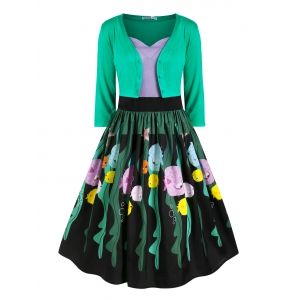 

Button Up Cardigan And Strappy Funny Fish Print Dress Set, Green