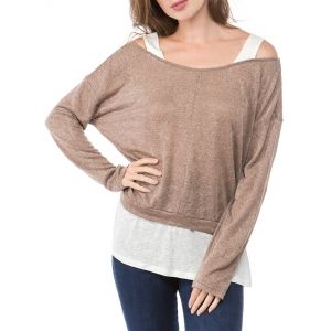 

Contrast Cold Shoulder Faux Twinset T-shirt, Camel brown