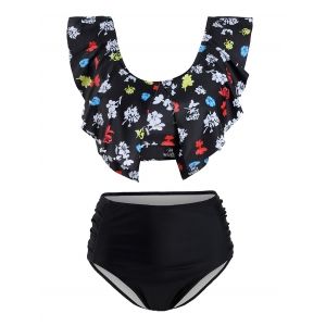 

Floral Leaves Print Ruched Tankini Swimsuit, Black