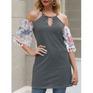 

Flower and Striped Print Tasseled Cold Shoulder T-shirt, Black