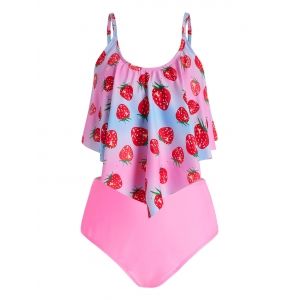 

Plus Size Overlay Strawberry Print Tankini Swimwear, Hot pink