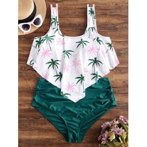 

Plus Size Palm Print Overlay Ruched Tankini Swimwear, White