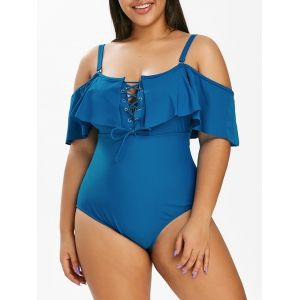 

Plus Size Open Shoulder Lace Up Ruffle One-piece Swimsuit, Blueberry blue