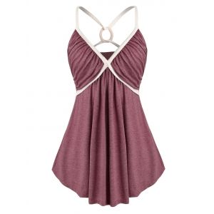 

Plus Size O Ring Strappy Ruched Empire Waist Tank Top, Red wine