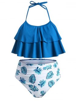 Tie Back Layered Flounces Leaves Print Plus Size Tankini Swimsuit - BLUE - 3X