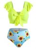 Neon Tie Front Flounces Sunflower Plus Size Two Piece Swimsuit -  