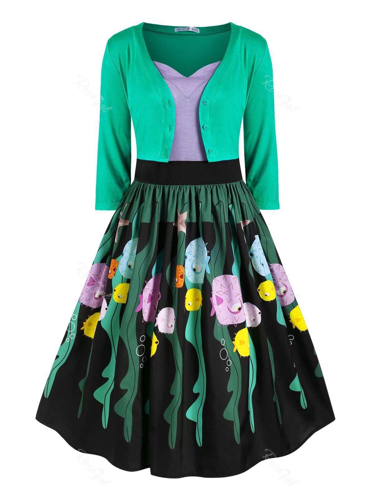 

Button Up Cardigan And Strappy Funny Fish Print Dress Set, Green
