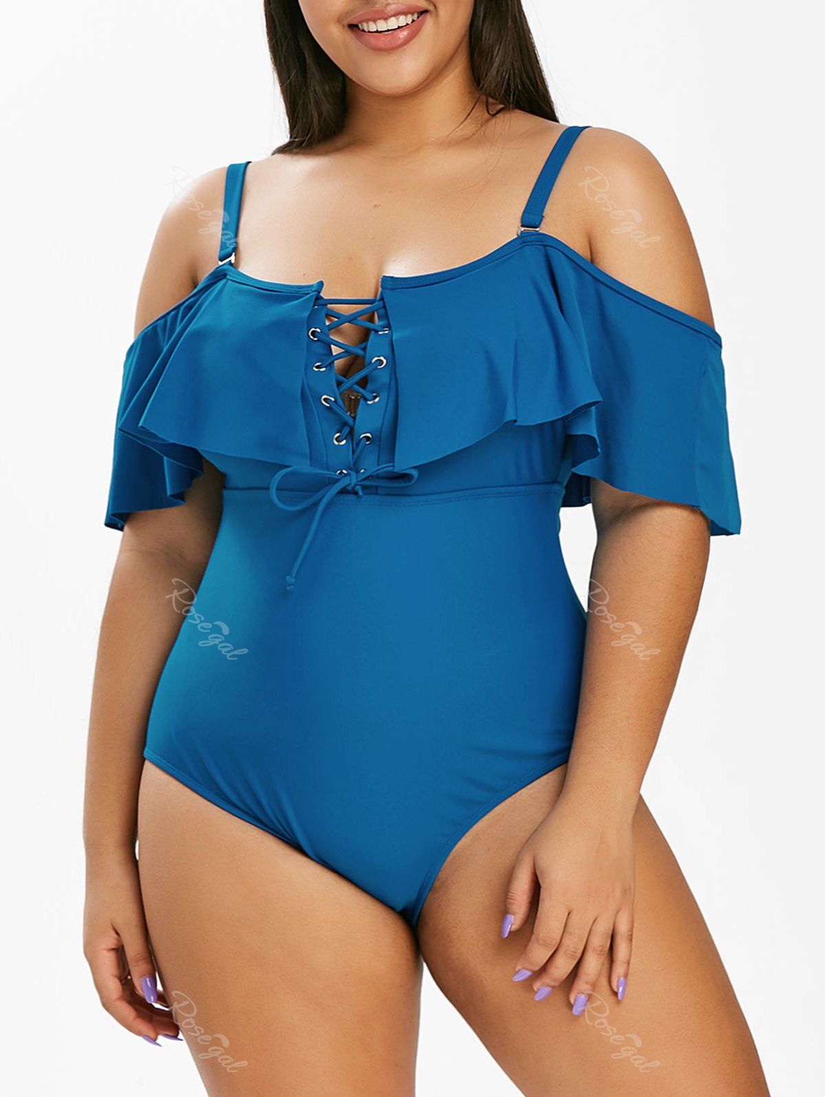 Fancy Plus Size Open Shoulder Lace Up Ruffle One-piece Swimsuit  