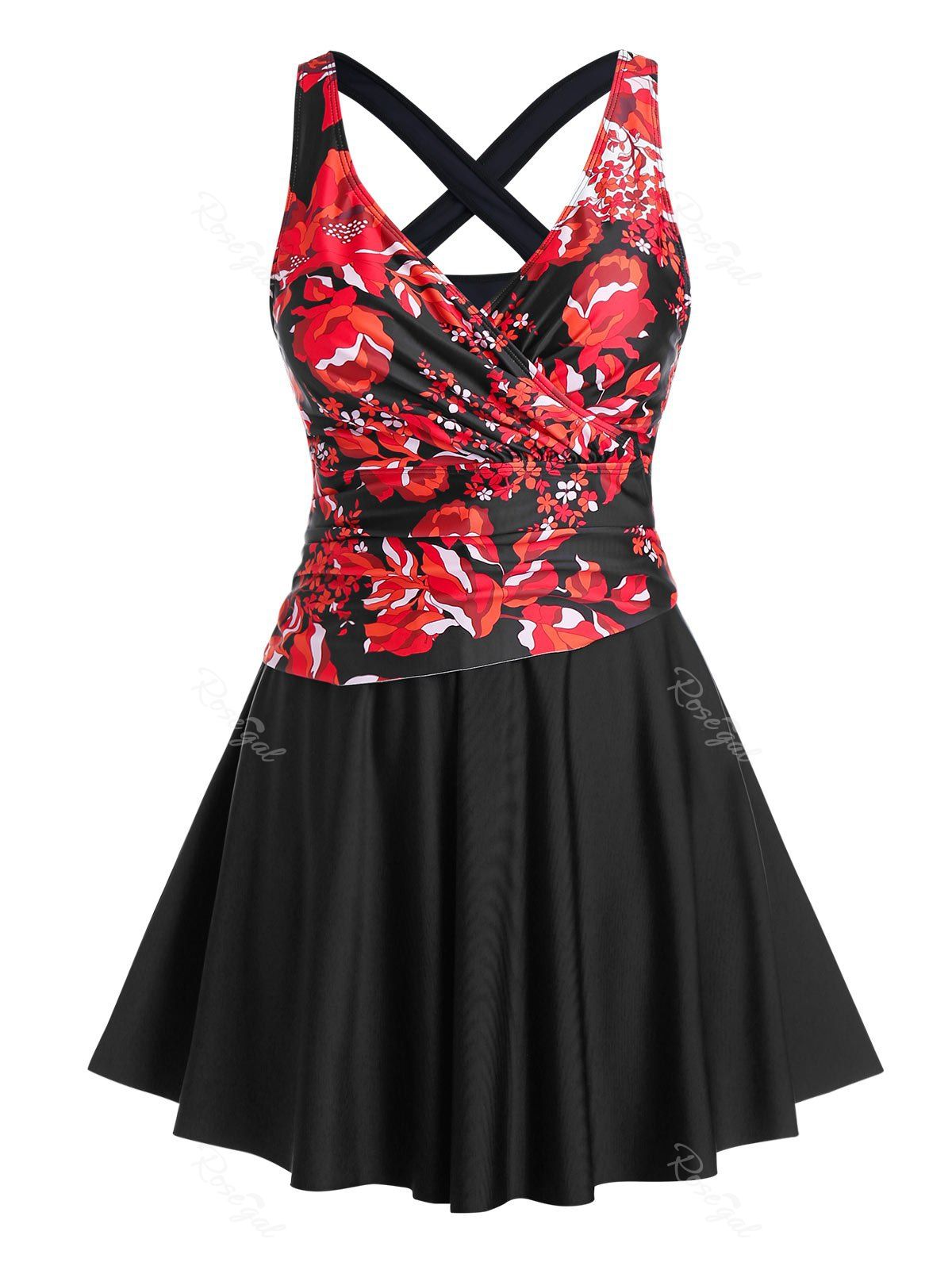 

Plus Size Crisscross Floral Print Skirted Tankini Swimwear, Black