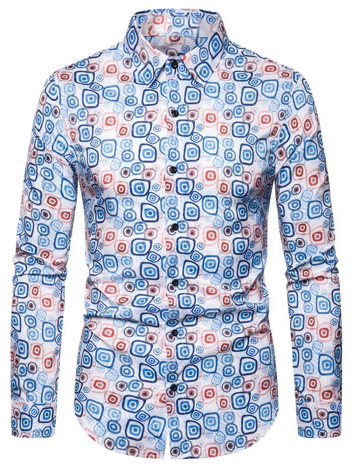 

Geometric Print Button Long-sleeved Shirt, White