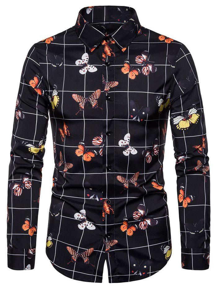 

Butterfly Pattern Button Long-sleeved Shirt, Black