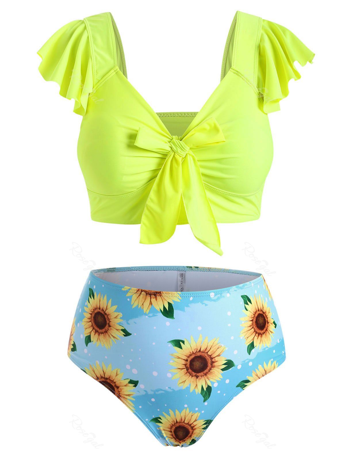 Sale Neon Tie Front Flounces Sunflower Plus Size Two Piece Swimsuit  