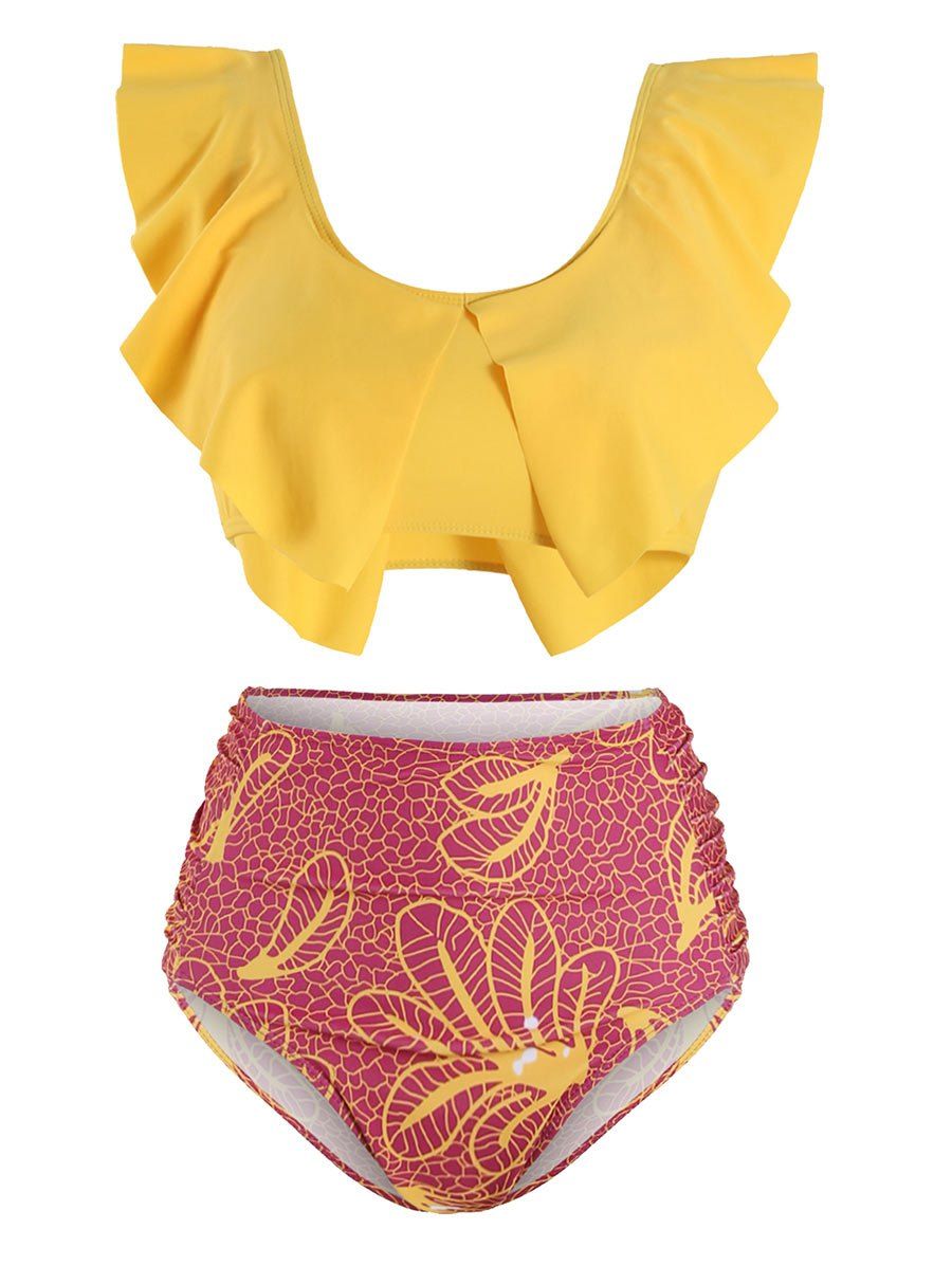 

Floral Leaves Print Ruched Tankini Swimsuit, Sun yellow