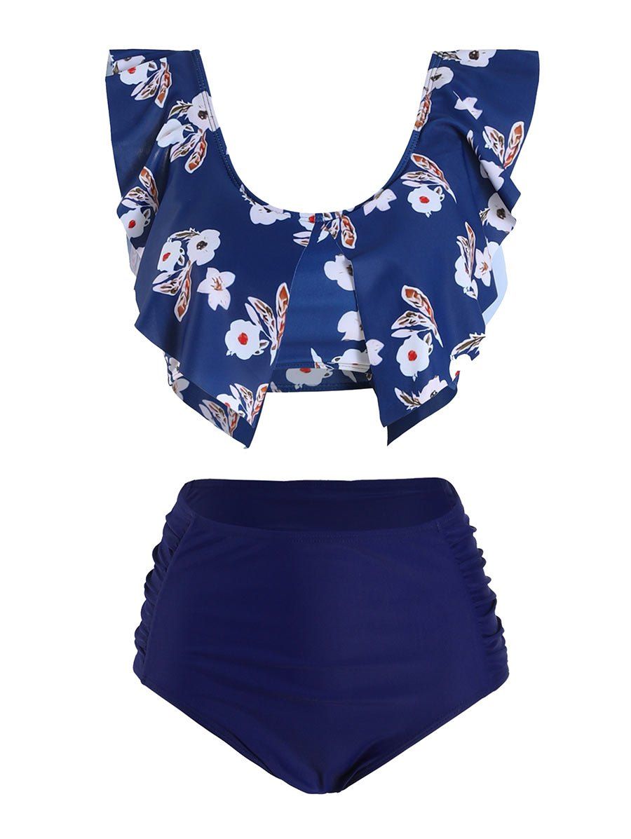 

Floral Leaves Print Ruched Tankini Swimsuit, Deep blue