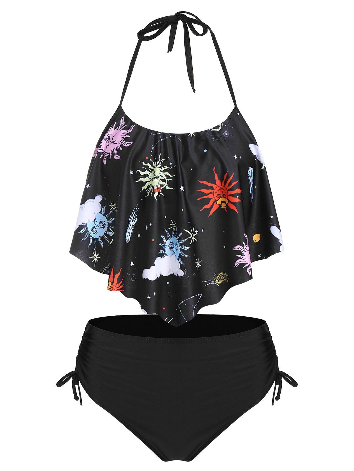 

Sun Print Halter Cinched Hem Tankini Swimwear, Black