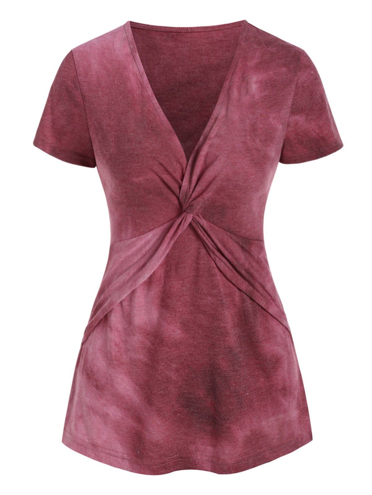 

Twist Front Tie Dye Short Sleeves Tee, Cherry red