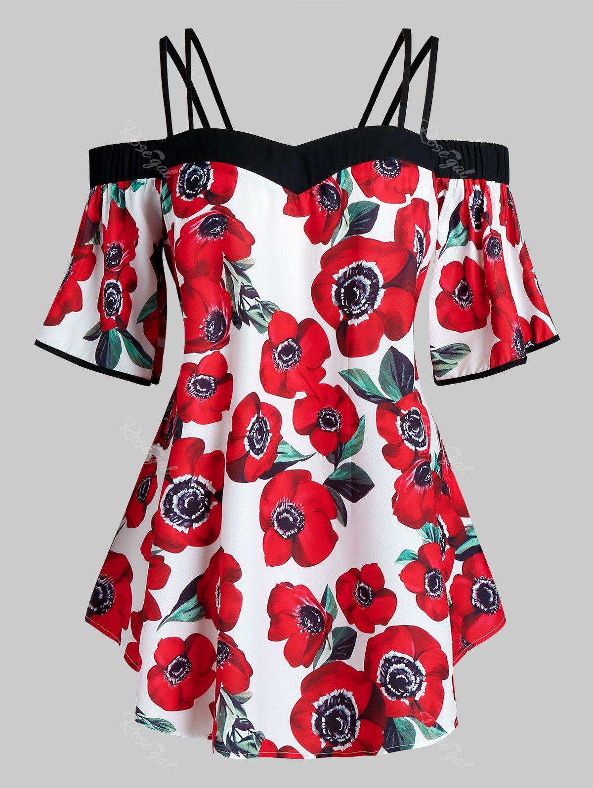 

Plus Size Floral Print Open Shoulder Blouse, Red