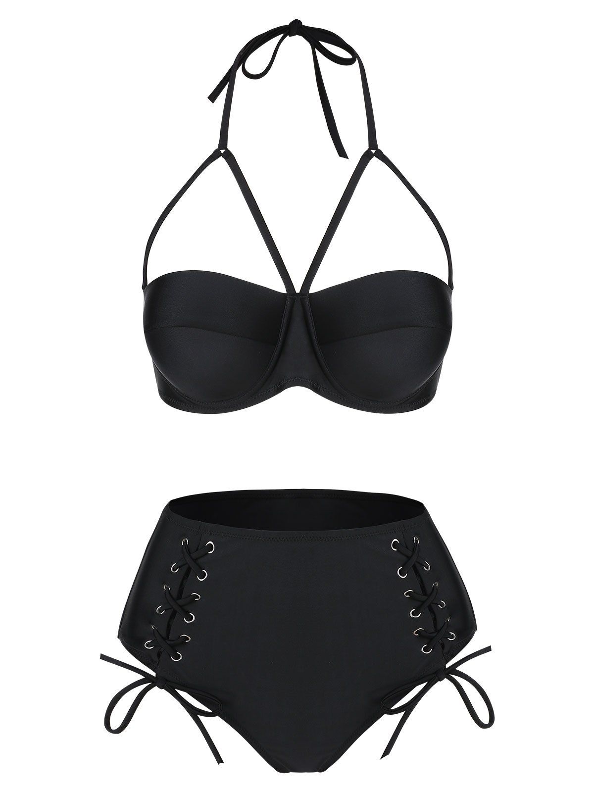 

Lace Up Halter Harness Bikini Swimwear, Black
