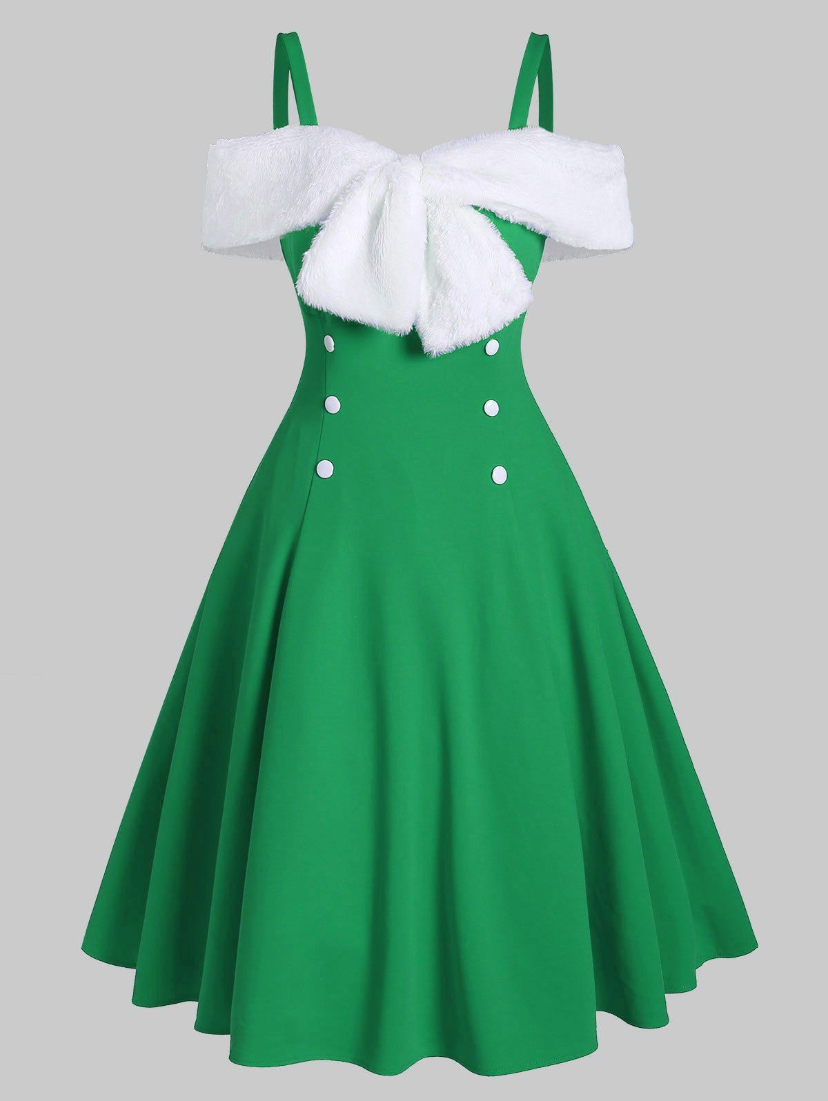 

Faux Fur Panel Bowknot Open Shoulder Party Dress, Light sea green