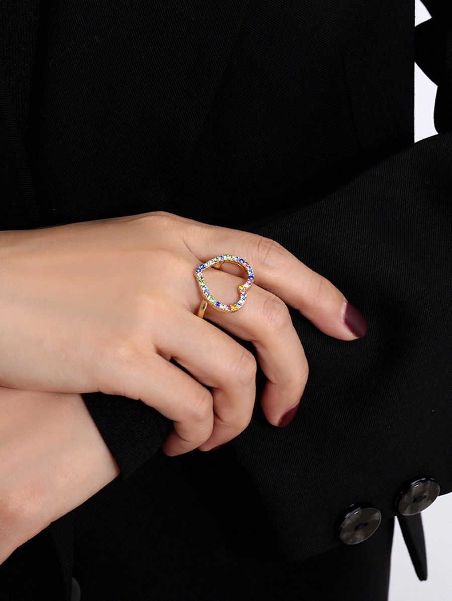 

Colored Rhinestone Hollow Heart-shape Ring, Gold