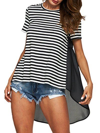 

Striped Print High Low Chiffon Insert T-shirt, Black