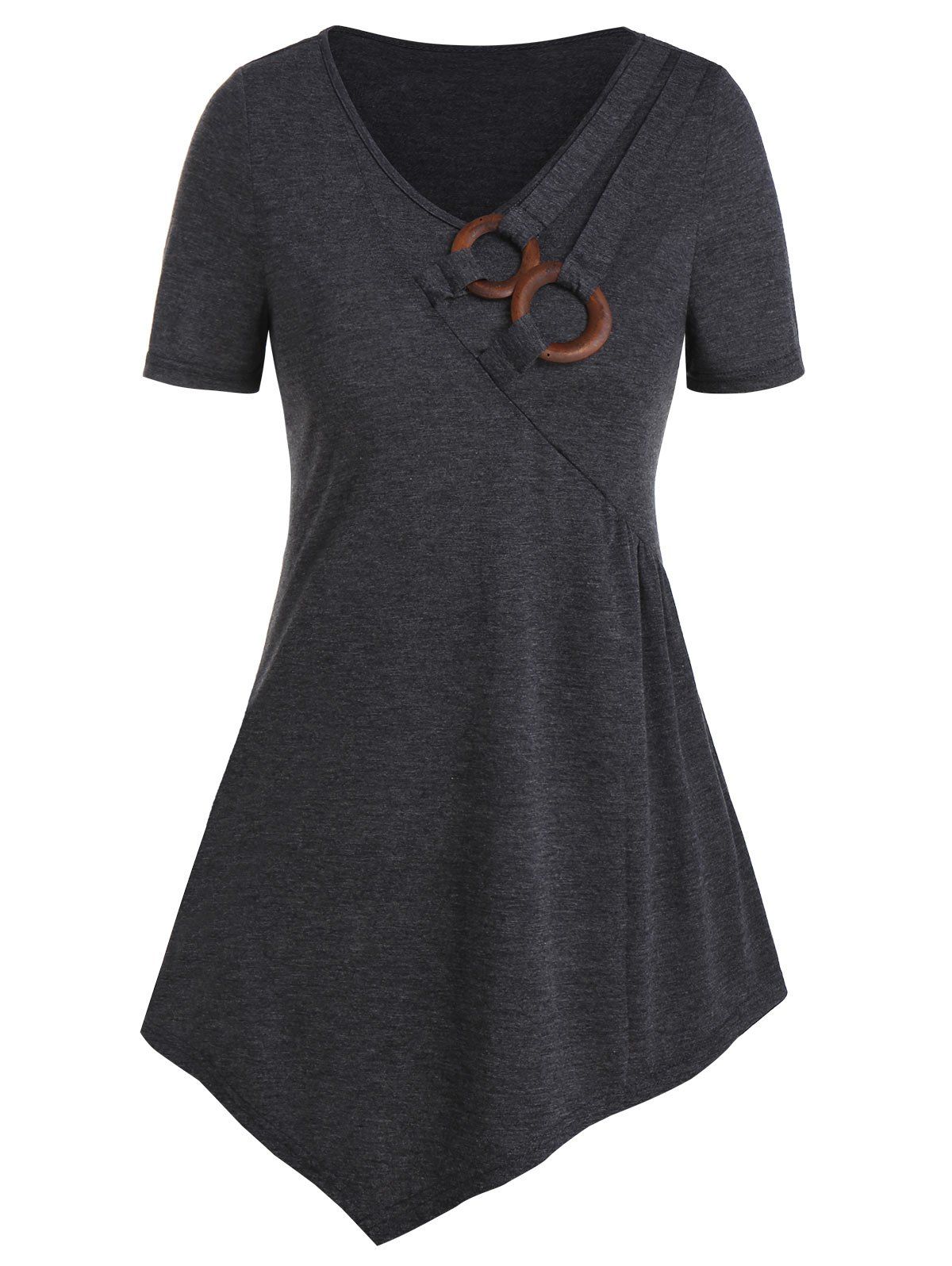 

V Neck Clog O-ring Asymmetrcial T Shirt, Gray