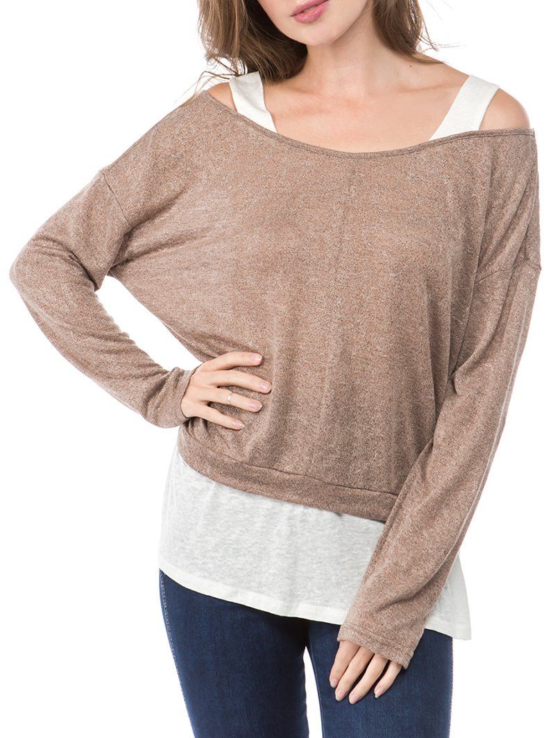 

Contrast Cold Shoulder Faux Twinset T-shirt, Camel brown