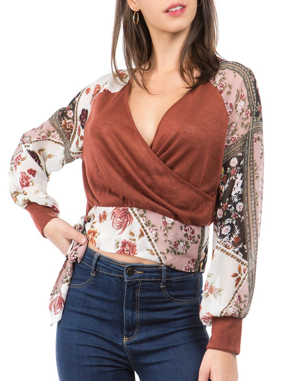 

Raglan Sleeve Scarf Print Knotted Surplice T-shirt, Multi-a